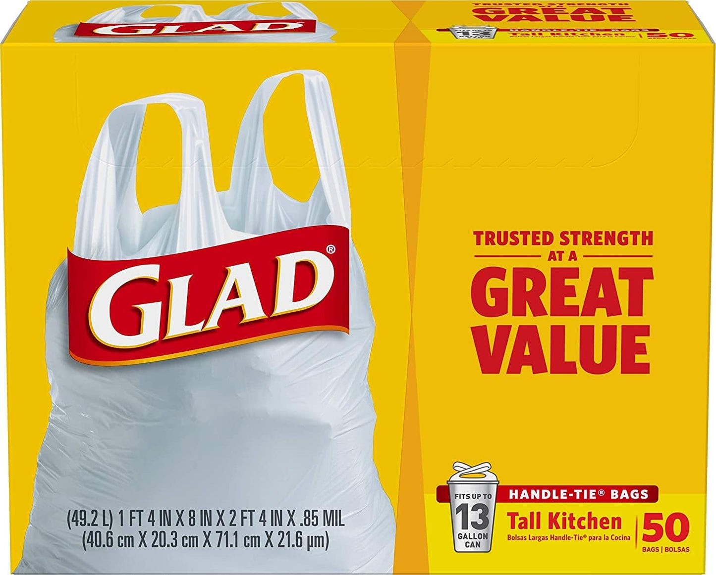 GLAD TALL KITCHEN HANDLE TIE 13GAL BAGS 4/50ct