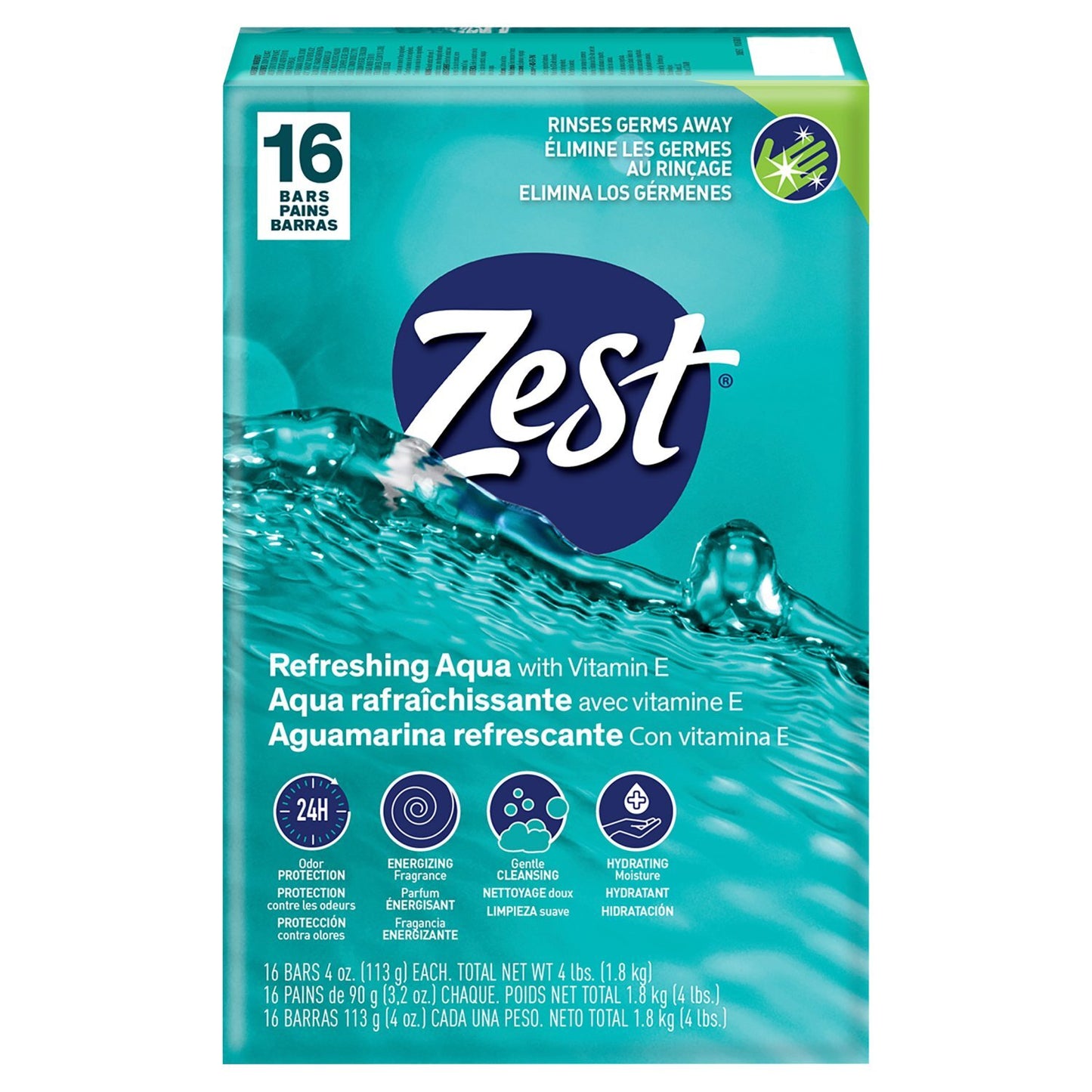 ZEST DEODORANT BAR SOAP REFRESHING AQUA 16PK/4.0oz