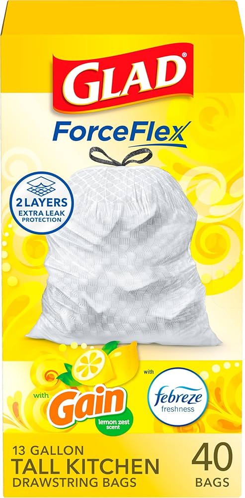 GLAD TALL KITCHEN DRAWSTRING LEMON BAGS 13GAL 6/40CT