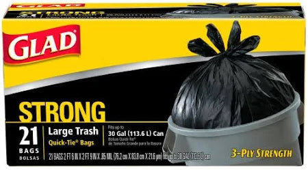 GLAD TRASH QUICK TIE BAGS 30GAL 9/21CT