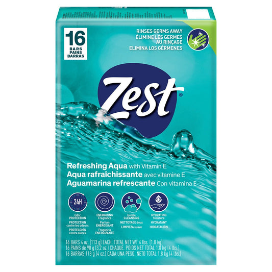 ZEST DEODORANT BAR SOAP REFRESHING AQUA 16PK/4.0oz